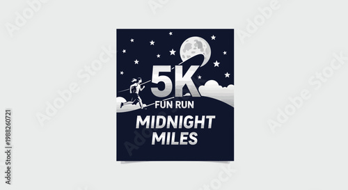 Midnight Miles 5K Fun Run Emblem Featuring Celestial Elements and Silhouette Runners