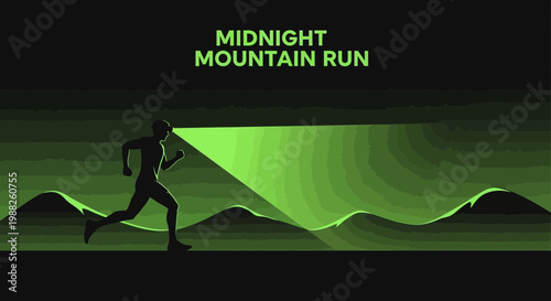 Midnight Mountain Run Illustration Depicting Running Silhouette And Green Lighting In Abstract