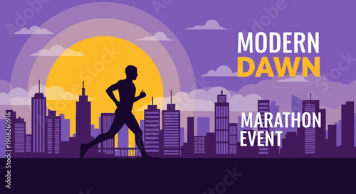 Modern Dawn Marathon Event Silhouette Runner Cityscape Sunrise