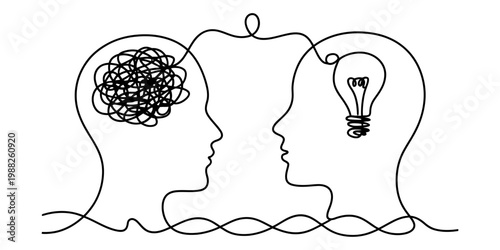 Two human head profiles connected by a single line showing the transition from chaos to a bright idea.