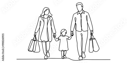 A minimalist continuous line drawing of a happy family with shopping bags walking together.