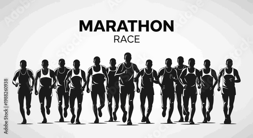 Marathon Race Composition With Runners Silhouettes Running Towards The Finish Line
