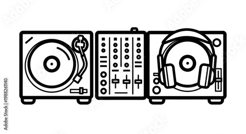 Dj equipment illustration turntable mixer and headphones on white background