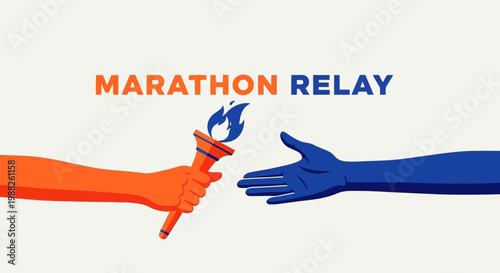 Marathon Relay: Vector Illustration of Handing Off a Flaming Torch for Competition