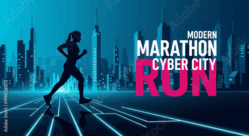 Modern Marathon Cyber City Run Energetic Athlete Silhouette