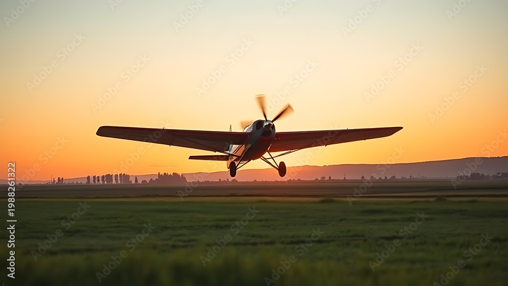 Naklejka premium monoplane. Vintage monoplane taking off from a grassy airstrip at dawn against a vast sky. mobility guides, transit brochures, designed for mobility and urban transit guides, used by store managers.