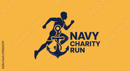 Navy Charity Run Logo Depicting Athlete With Nautical Anchor Over Yellow Background