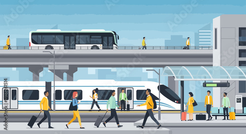 Modern Urban Transportation System: Train, Bus, and Pedestrians at a Station Level
