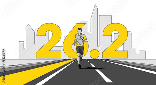 Marathon Runner Racing Towards Finish Line With Cityscape Graphic Depiction