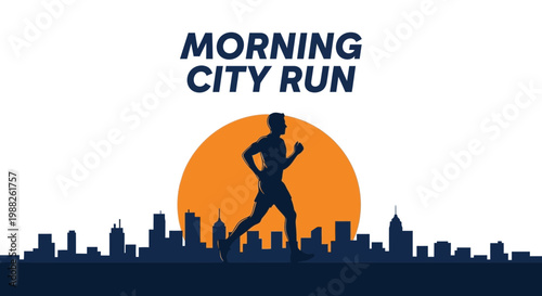 Morning City Run Silhouette Against The Sunrise Over The Skyline Landscape