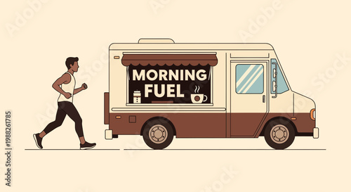 Morning Fuel: Energetic Runner Near Coffee Truck, Achieving Peak Mental And Physical Performance