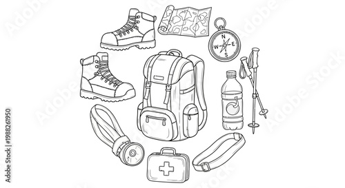 Minimalist Outline Illustration of Essential Outdoor Hiking and Adventure Gear and Equipment