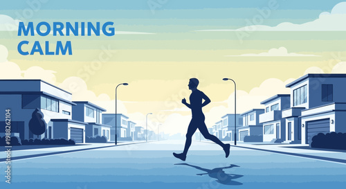 Morning Runner on Suburban Street, Tranquil Cityscape, Silhouette Exercising Scene