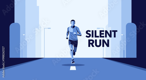 Minimalist Runner Sprinting Through City Street With Silent Run Motivational Message