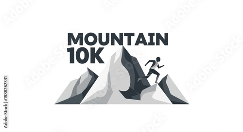 Mountain 10k Run Illustration Depicting Athlete Ascending Rocky Peak in Monochromatic Style
