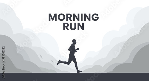 Minimalist Silhouette Person On A Morning Jog Run Across The Softly Clouded Horizon