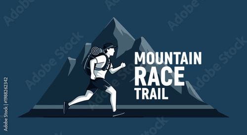 Mountain Athlete Running On Trail With Backpack In Front Of Abstract Peaks Illustration
