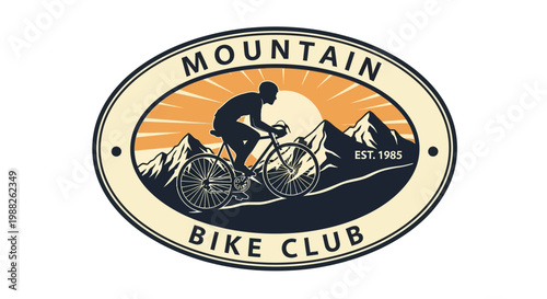 Mountain Bike Club Design Featuring Cyclist, Mountains, and Sunset Silhouette