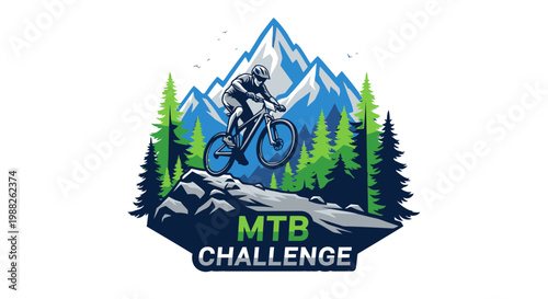 Mountain Biking Challenge Design With Cyclist And Scenic Landscape Logo