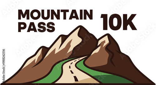 Mountain Pass 10k Logo Representing Scenic Trail with Textured Peaks and a Winding Route
