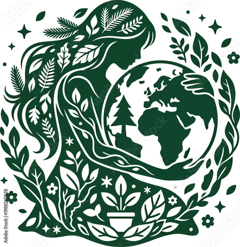 Mother Earth illustration crafted from lush foliage, tenderly cradling the globe, symbolizing environmental protection, sustainable living, and the concept of ecological harmony