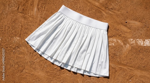 A crisp white pleated tennis skirt lies on a clay tennis court, ready for a match.