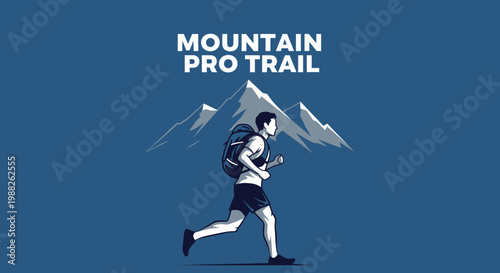 Mountain Pro Trail Runner Silhouette With Backpack Against Mountainous Backdrop Design