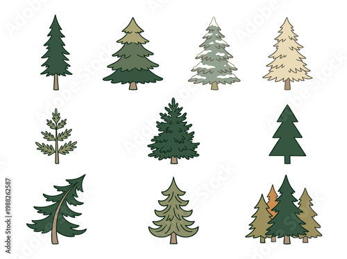 Set of 9 hand-drawn pine tree illustrations, forest doodle icons isolated on white background