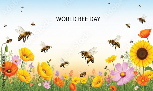 World Bee Day Celebration with Bees and Colorful Flowers Under a Blue Sky sunflower downlod