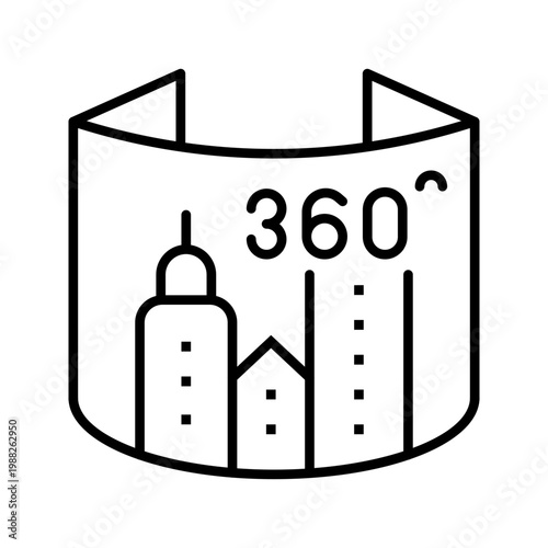 360 city panorama icon. Technology and virtual reality line symbol. Black and white.
