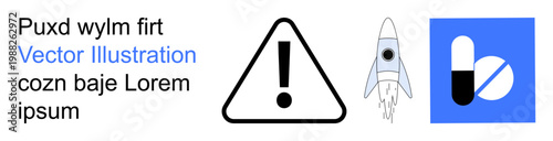 Safety alerts, space exploration, pharmaceuticals, innovation, healthcare, digital designs. Warning icon, rocket launch and capsule graphic. Safety alerts and space exploration