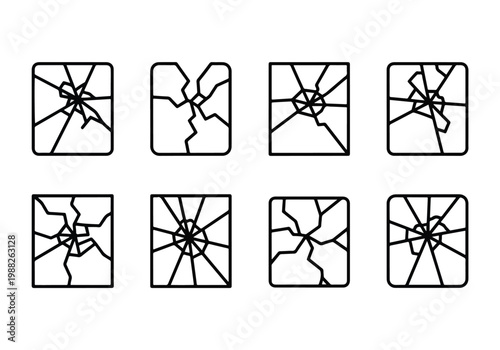 Set of Cracked Screen Icons Representing Damage and Breakage.