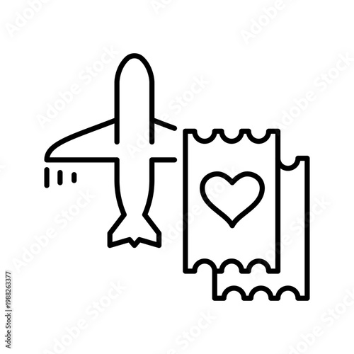 Honeymoon flight icon. Travel and honeymoon line symbol. Black and white.