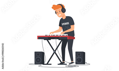 Musician playing electronic keyboard with headphones and speakers
