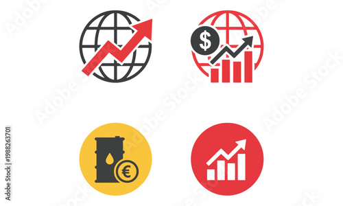 Financial growth icons set with world globe and oil barrel