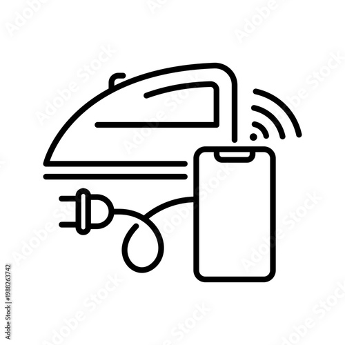 Smart iron icon. Technology and smart home line symbol. Black and white.