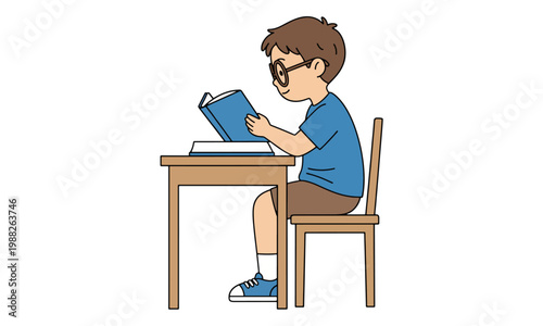 Cartoon boy with glasses reading book at desk isolated on white