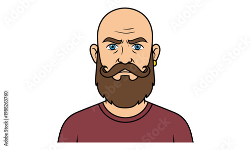 Bald Bearded Man Portrait with Handlebar Mustache Illustration