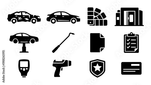 Auto Body Paint Shop Service Silhouettes – Car Repair Process, Insurance, Tools Icons