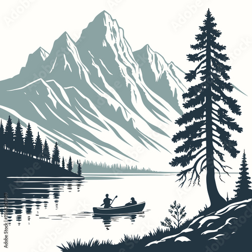 Vector illustration of two people canoeing on a serene lake with a majestic mountain range in the background and a large pine tree on the shore