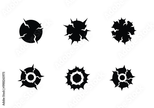 Set of Six Black Bullet Hole Icons.