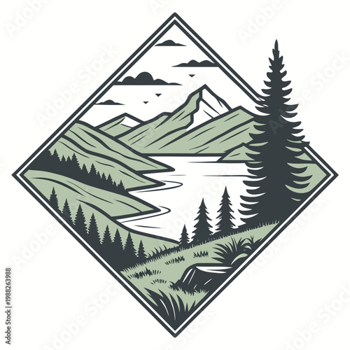 Vector illustration of a scenic mountain landscape with a lake and pine trees in a diamond shape
