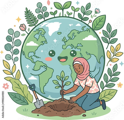 Caring for the Earth A Person Plants a Tree with a Smiling Planet Illustration