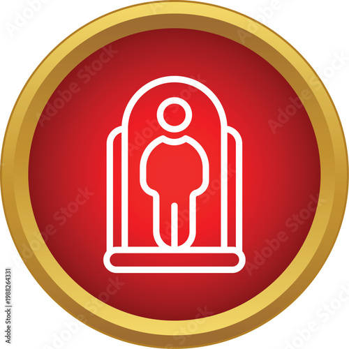 Person icon inside a futuristic cryogenic chamber on a round red button