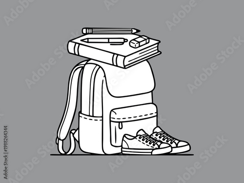 Back to school supplies line art illustration with backpack, book, and sneakers