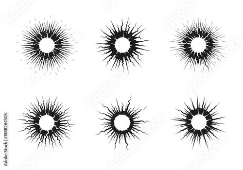 Set of Six Black Starburst Explosions Graphic Elements.
