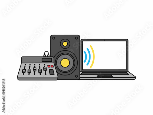 Music Production Equipment Laptop Mixer and Studio Monitor Vector