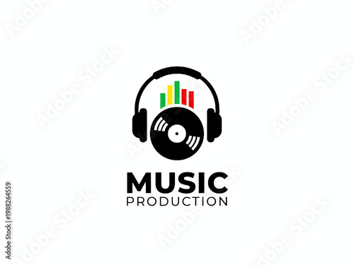 Music Production Logo with Headphones Vinyl Record and Equalizer