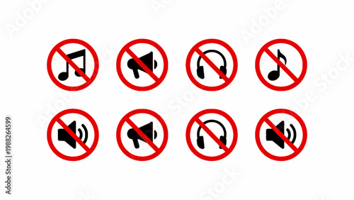 Prohibited sound and music icons set with red prohibition circle