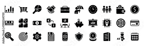 Business and Finance Icons Set. Banking, Investment, Fintech and Marketing Glyph